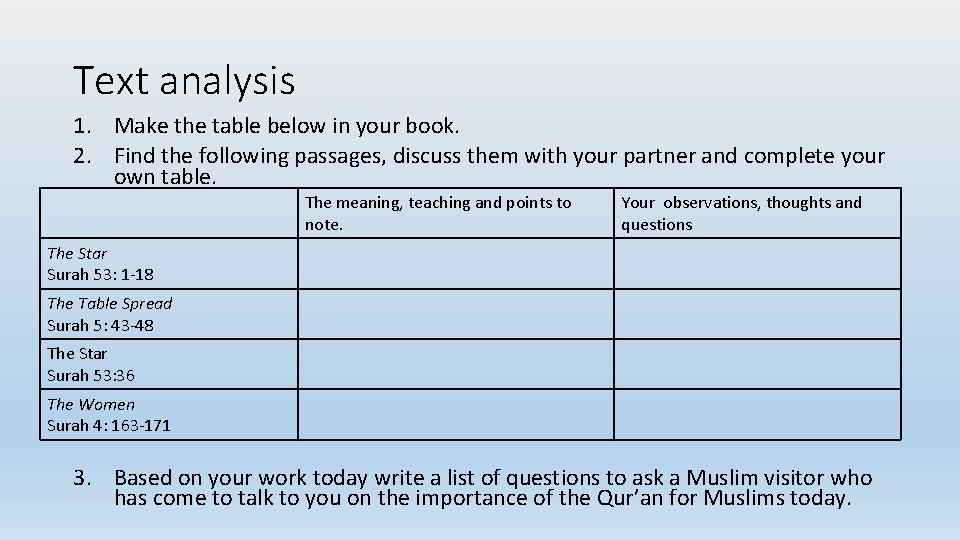 Text analysis 1. Make the table below in your book. 2. Find the following