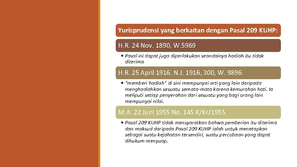 Yurisprudensi yang berkaitan dengan Pasal 209 KUHP: H. R. 24 Nov. 1890, W. 5969