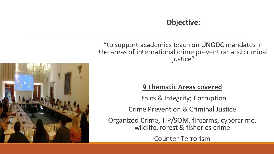  Objective: Tertiary “to support academics teach on UNODC mandates in the areas of