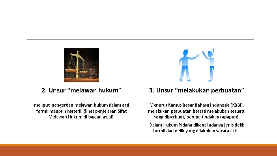 2. Unsur “melawan hukum” 3. Unsur “melakukan perbuatan” meliputi pengertian melawan hukum dalam arti