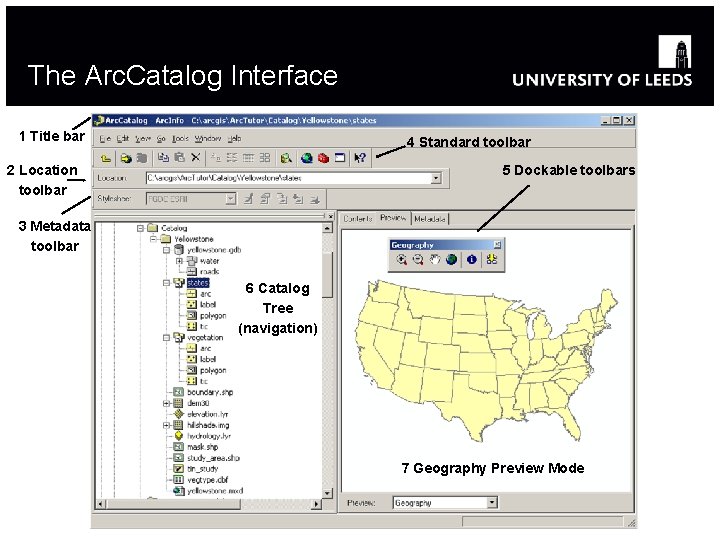 The Arc. Catalog Interface 1 Title bar 4 Standard toolbar 2 Location toolbar 5