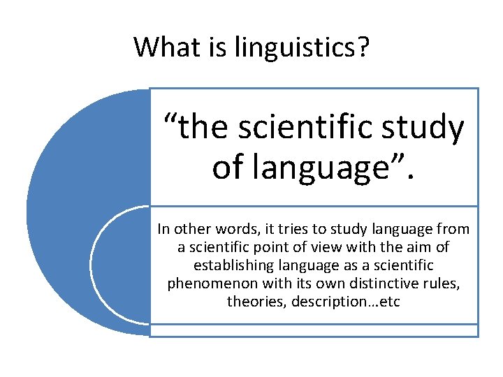 What is linguistics? “the scientific study of language”. In other words, it tries to