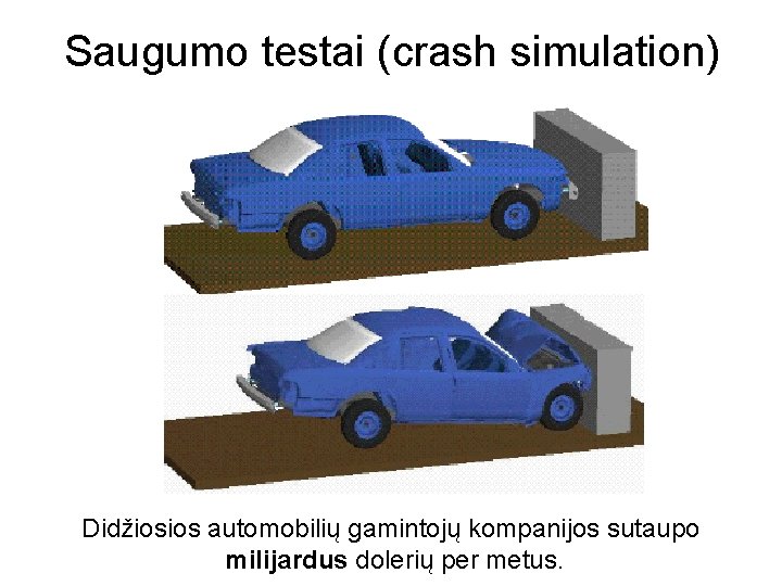 Saugumo testai (crash simulation) Didžiosios automobilių gamintojų kompanijos sutaupo milijardus dolerių per metus. 