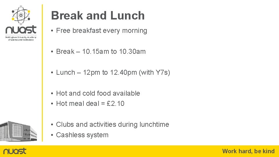 Break and Lunch • Free breakfast every morning • Break – 10. 15 am