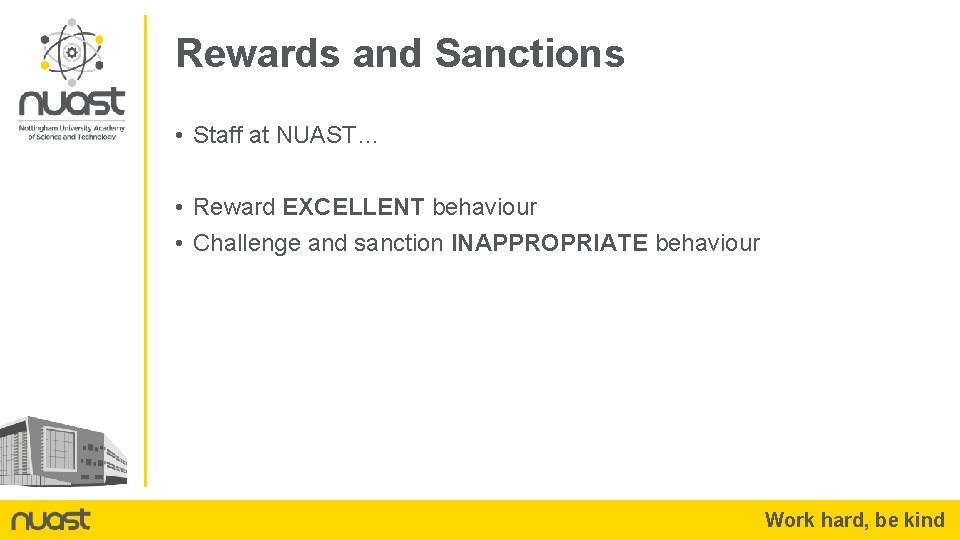 Rewards and Sanctions • Staff at NUAST… • Reward EXCELLENT behaviour • Challenge and