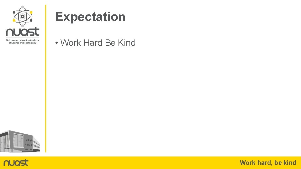 Expectation • Work Hard Be Kind Work hard, be kind 