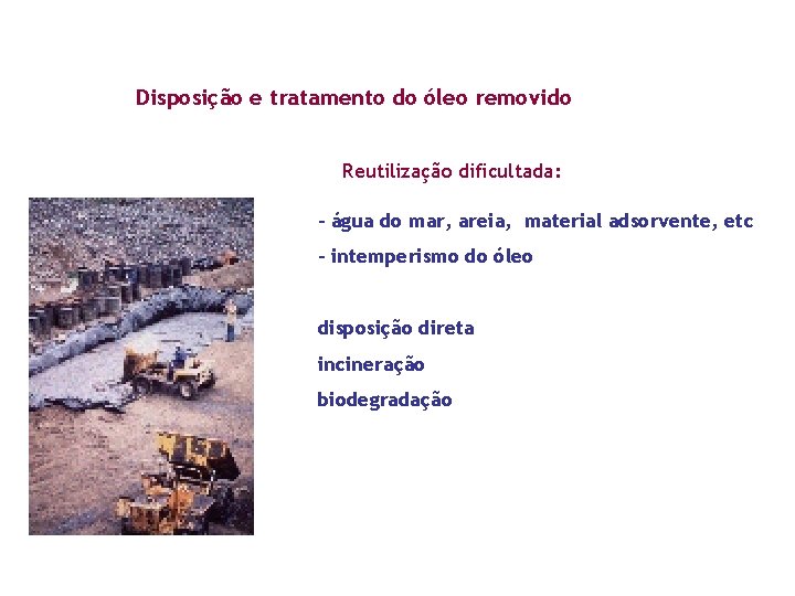 Disposição e tratamento do óleo removido Reutilização dificultada: - água do mar, areia, material