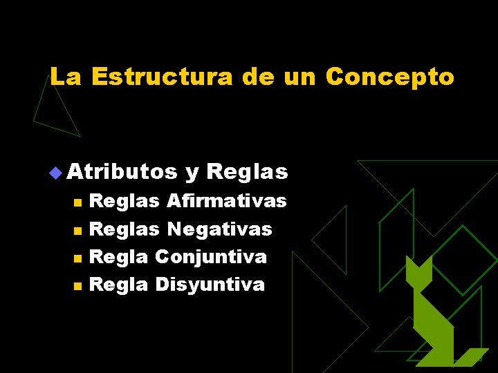 La Estructura de un Concepto u Atributos n n y Reglas Afirmativas Reglas Negativas
