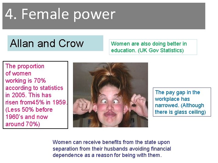 4. Female power Allan and Crow The proportion of women working is 70% according