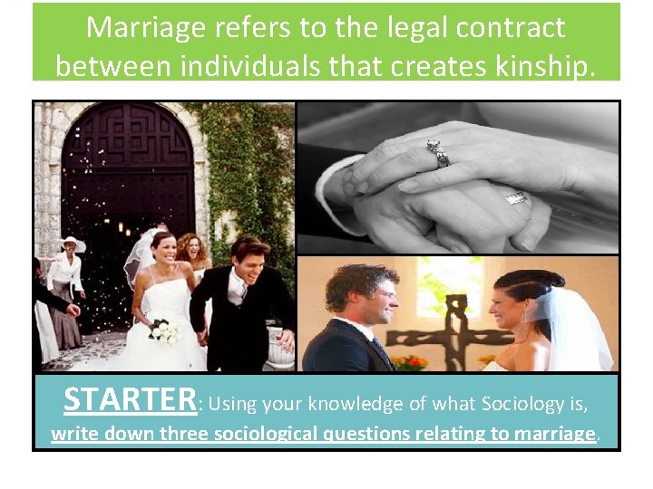 Marriage refers to the legal contract between individuals that creates kinship. STARTER: Using your