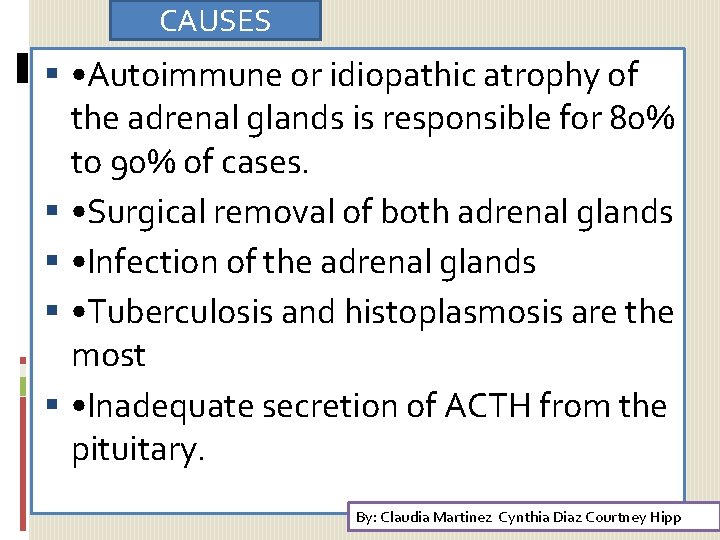 CAUSES • Autoimmune or idiopathic atrophy of the adrenal glands is responsible for 80%