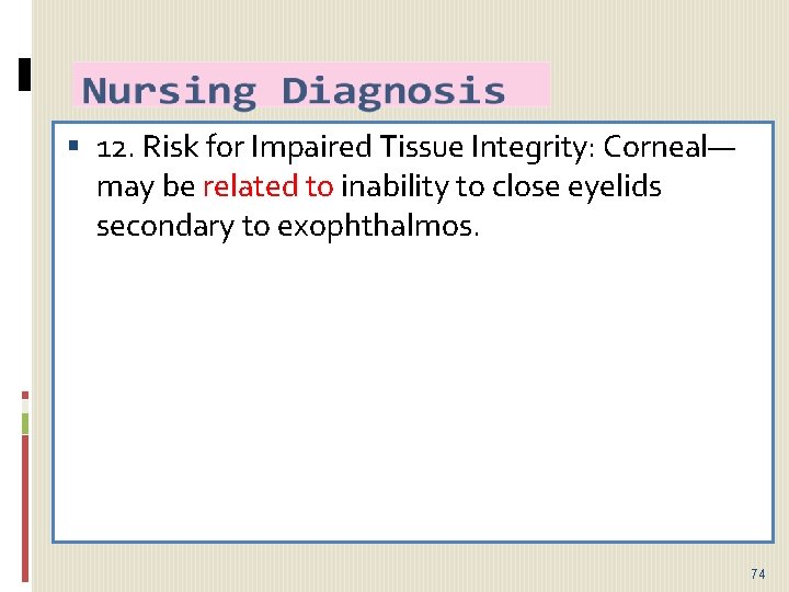  12. Risk for Impaired Tissue Integrity: Corneal— may be related to inability to