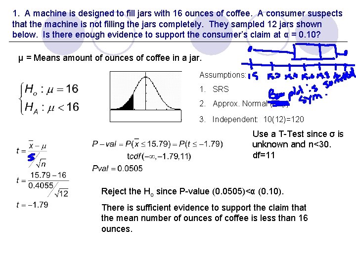 1. A machine is designed to fill jars with 16 ounces of coffee. A