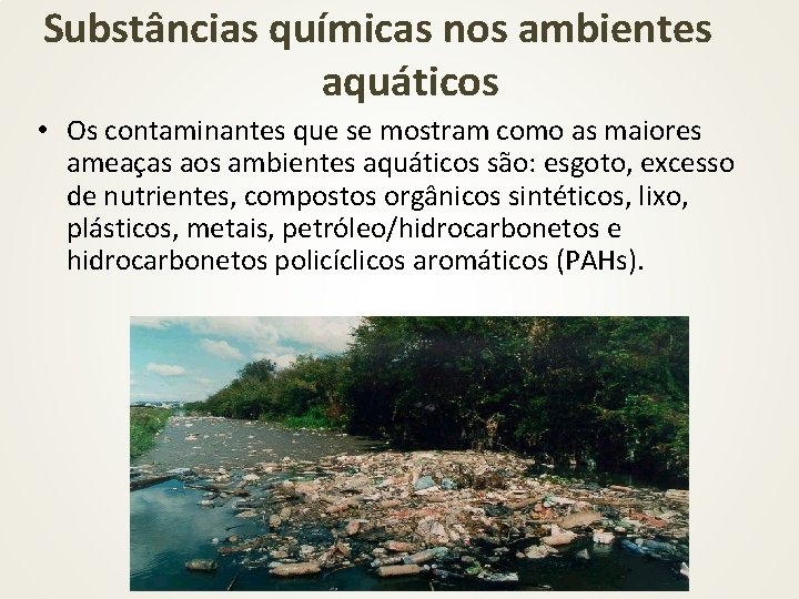 Substâncias químicas nos ambientes aquáticos • Os contaminantes que se mostram como as maiores