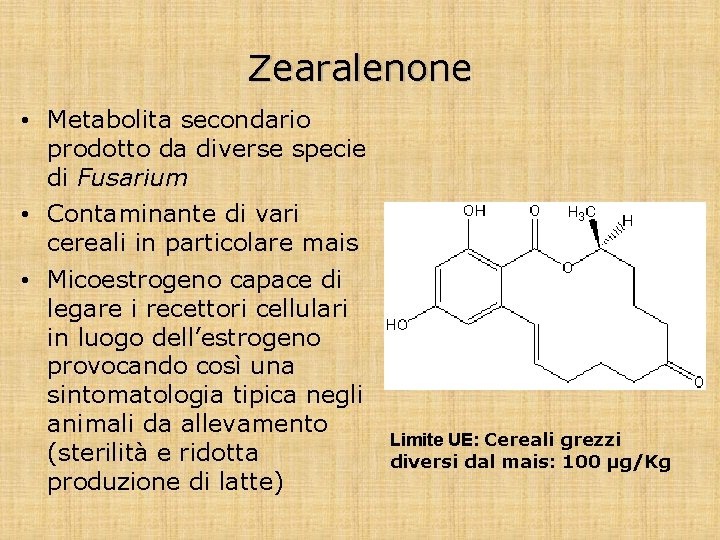 Zearalenone • Metabolita secondario prodotto da diverse specie di Fusarium • Contaminante di vari