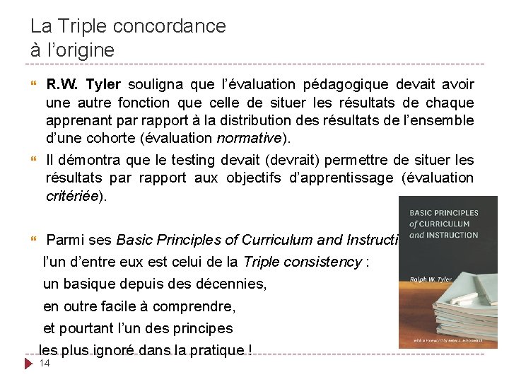 La Triple concordance à l’origine R. W. Tyler souligna que l’évaluation pédagogique devait avoir