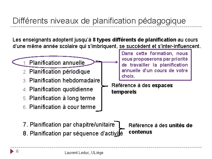 Différents niveaux de planification pédagogique Les enseignants adoptent jusqu’à 8 types différents de planification