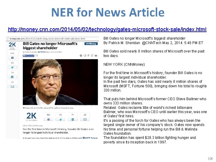 NER for News Article http: //money. cnn. com/2014/05/02/technology/gates-microsoft-stock-sale/index. html Bill Gates no longer Microsoft's