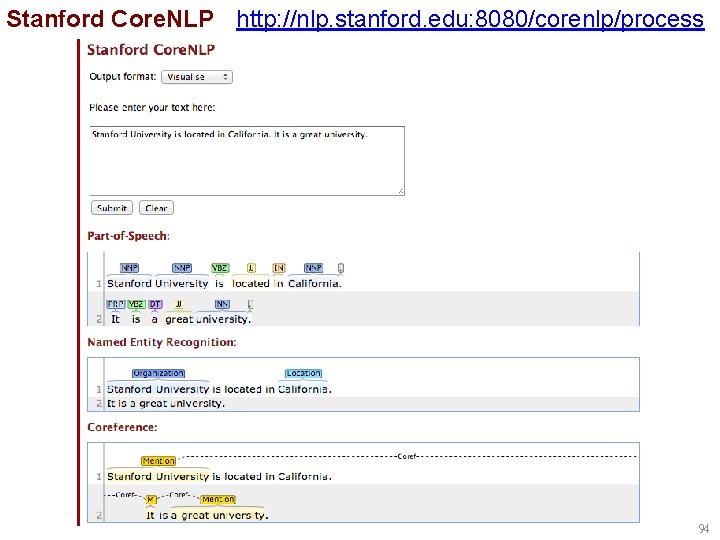 Stanford Core. NLP http: //nlp. stanford. edu: 8080/corenlp/process 94 