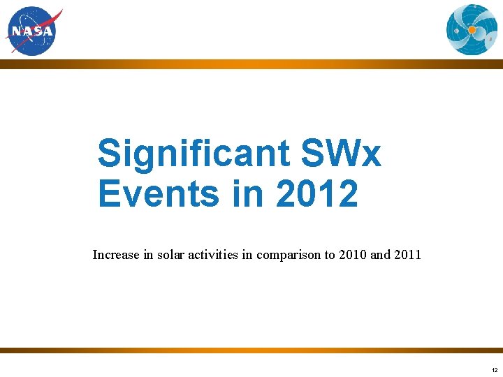 Significant SWx Events in 2012 Increase in solar activities in comparison to 2010 and