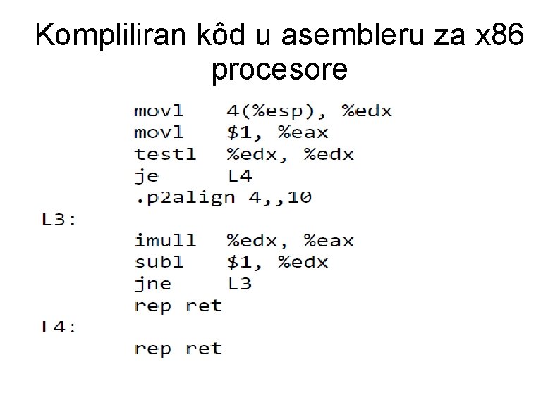 Kompliliran kôd u asembleru za x 86 procesore 