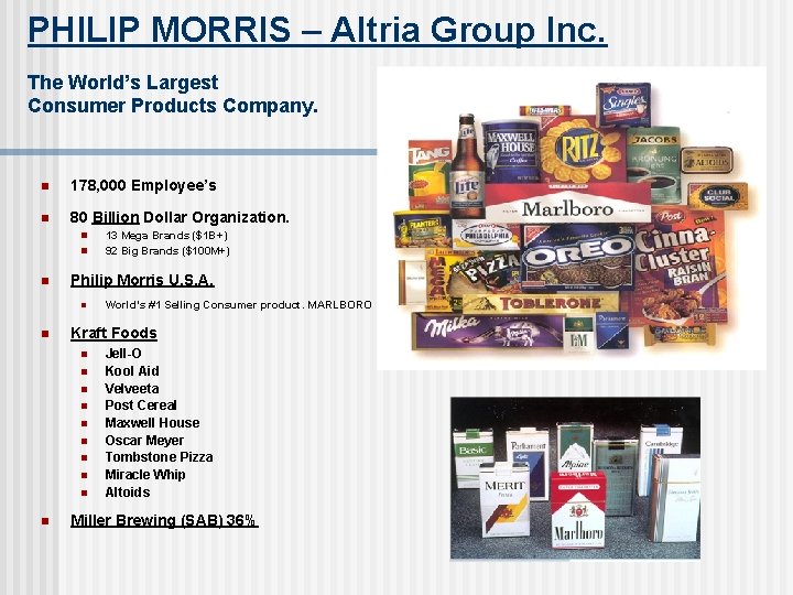 PHILIP MORRIS – Altria Group Inc. The World’s Largest Consumer Products Company. n 178,