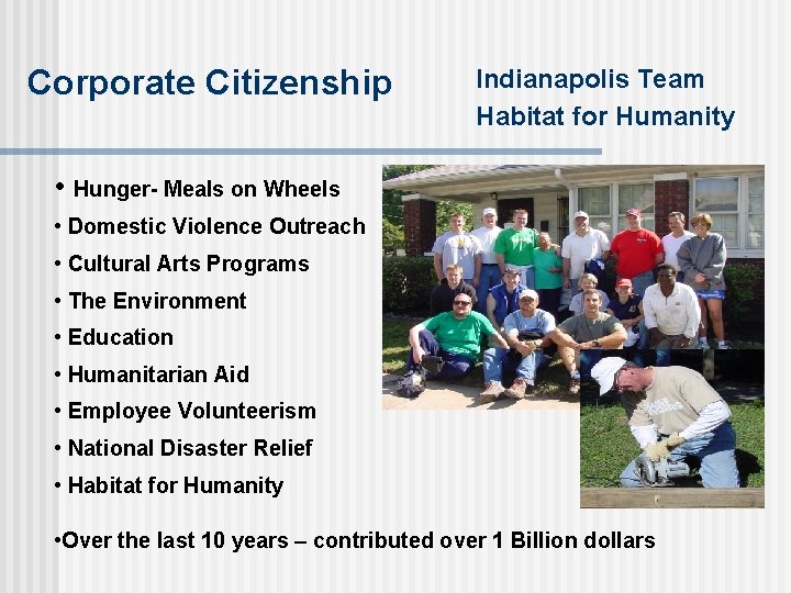 Corporate Citizenship Indianapolis Team Habitat for Humanity • Hunger- Meals on Wheels • Domestic