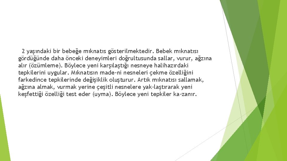 2 yaşındaki bir bebeğe mıknatıs gösterilmektedir. Bebek mıknatısı gördüğünde daha önceki deneyimleri doğrultusunda sallar,