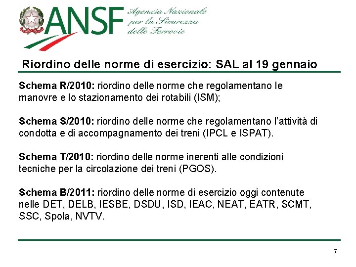 Riordino delle norme di esercizio: SAL al 19 gennaio Schema R/2010: riordino delle norme