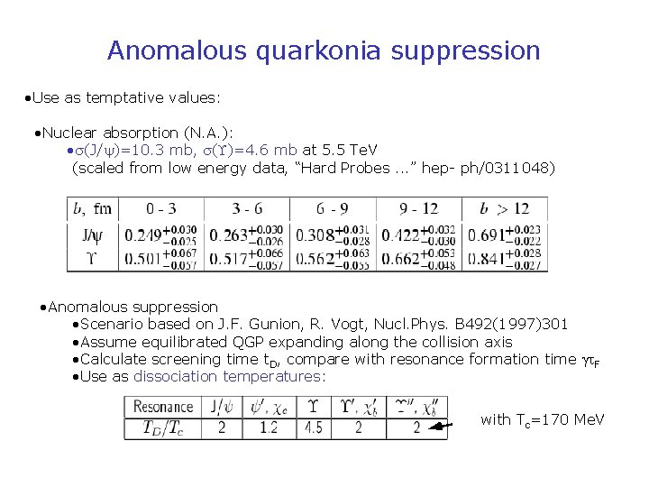 Anomalous quarkonia suppression • Use as temptative values: • Nuclear absorption (N. A. ):