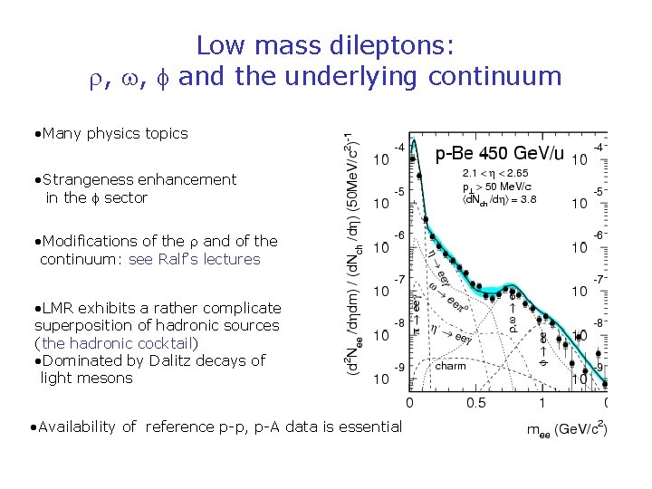 Low mass dileptons: , , and the underlying continuum • Many physics topics •