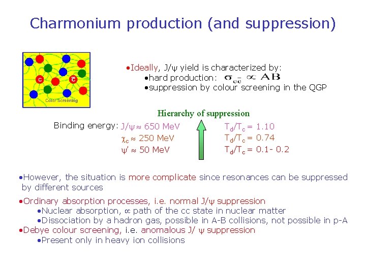 Charmonium production (and suppression) • Ideally, J/ yield is characterized by: • hard production: