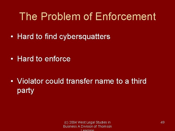 The Problem of Enforcement • Hard to find cybersquatters • Hard to enforce • The Problem of Enforcement • Hard to find cybersquatters • Hard to enforce •