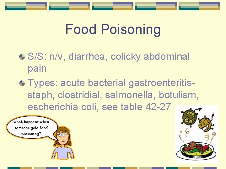 Food Poisoning S/S: n/v, diarrhea, colicky abdominal pain Types: acute bacterial gastroenteritisstaph, clostridial, salmonella,