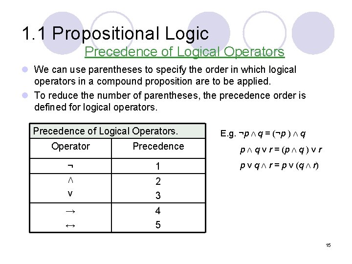 1. 1 Propositional Logic Precedence of Logical Operators l We can use parentheses to