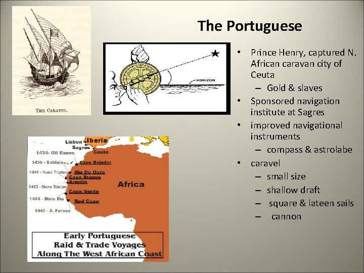 The Portuguese • Prince Henry, captured N. African caravan city of Ceuta – Gold