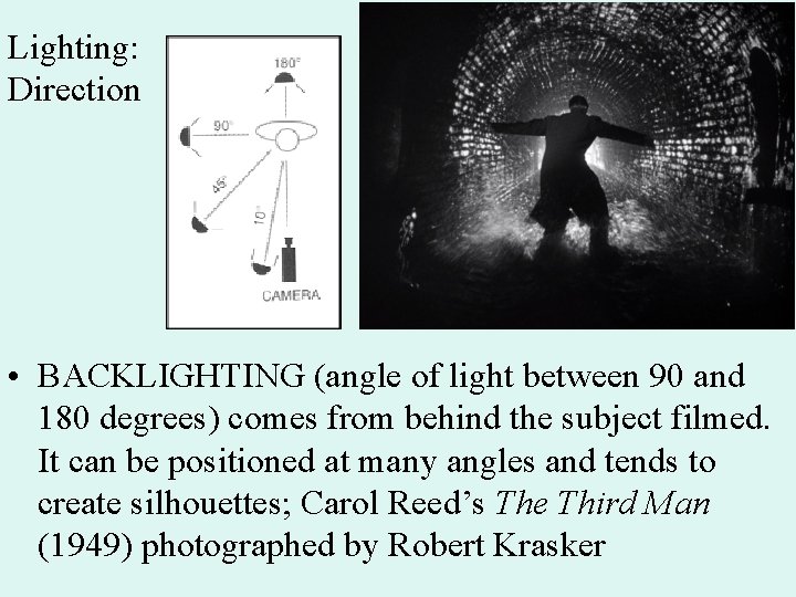 Lighting: Direction • BACKLIGHTING (angle of light between 90 and 180 degrees) comes from
