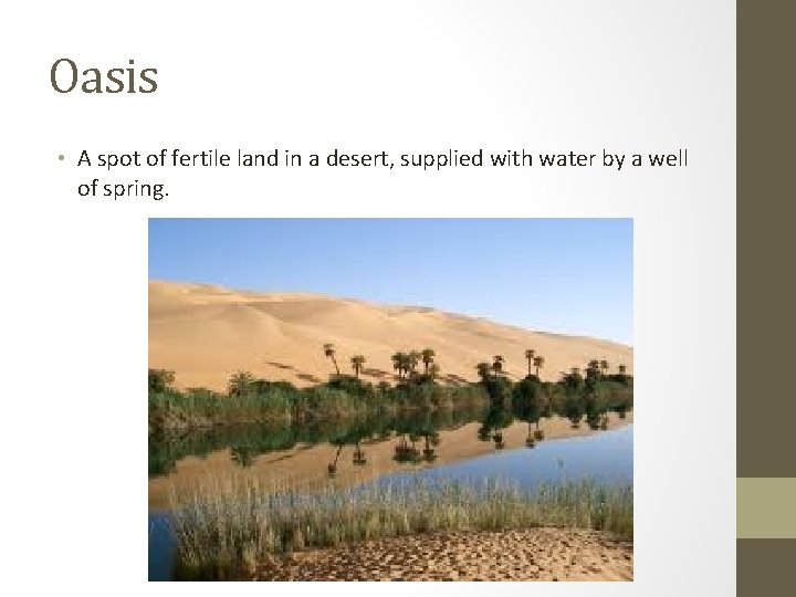 Oasis • A spot of fertile land in a desert, supplied with water by