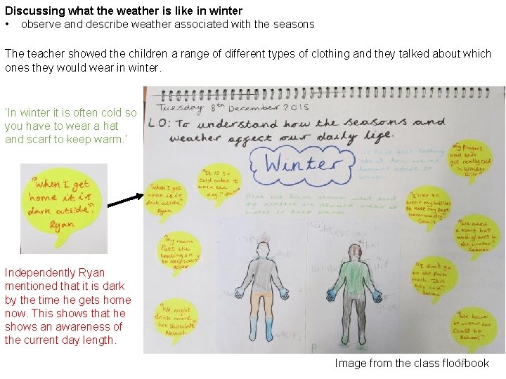 Discussing what the weather is like in winter • observe and describe weather associated