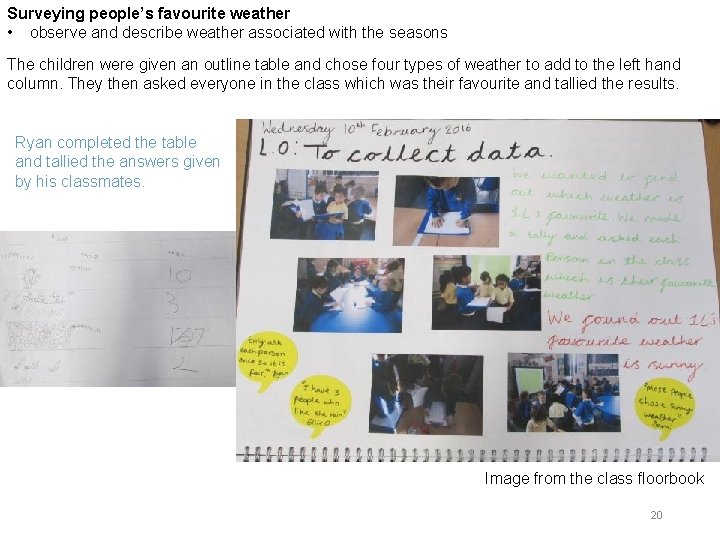 Surveying people’s favourite weather • observe and describe weather associated with the seasons The