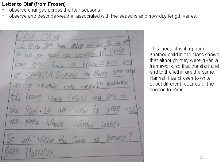 Letter to Olaf (from Frozen) • observe changes across the four seasons • observe