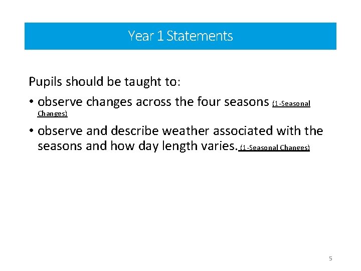 Year 1 Statements Pupils should be taught to: • observe changes across the four