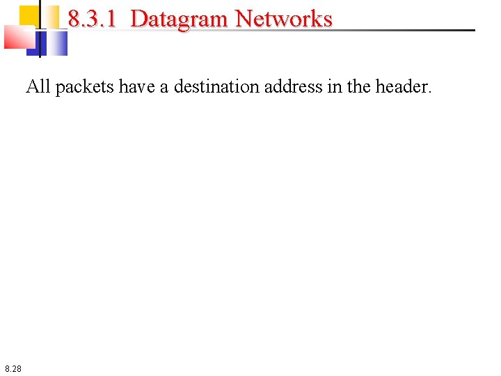 8. 3. 1 Datagram Networks All packets have a destination address in the header.