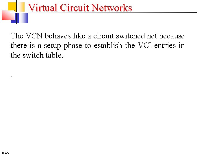 Virtual Circuit Networks The VCN behaves like a circuit switched net because there is