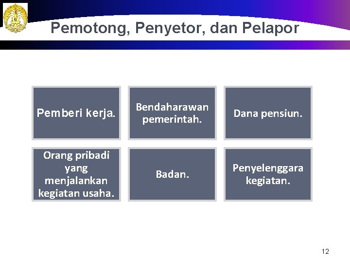 Pemotong, Penyetor, dan Pelapor Pemberi kerja. Bendaharawan pemerintah. Dana pensiun. Orang pribadi yang menjalankan