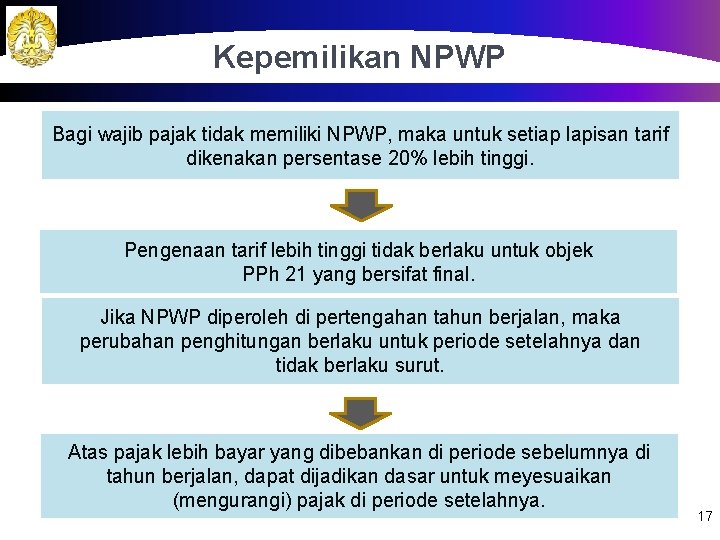 Kepemilikan NPWP Bagi wajib pajak tidak memiliki NPWP, maka untuk setiap lapisan tarif dikenakan