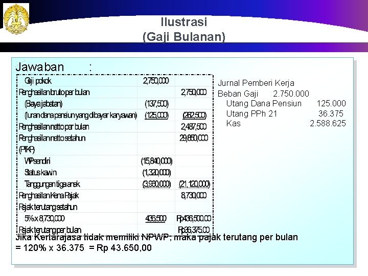 Ilustrasi (Gaji Bulanan) Jawaban : Jurnal Pemberi Kerja Beban Gaji 2. 750. 000 Utang