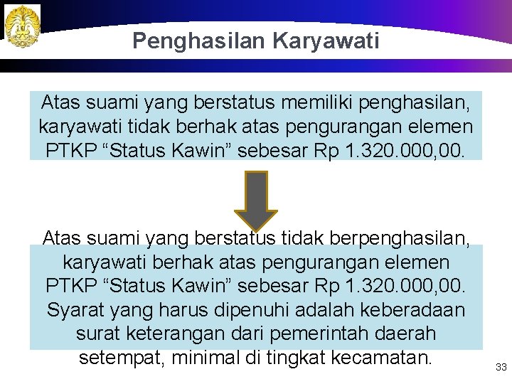 Penghasilan Karyawati Atas suami yang berstatus memiliki penghasilan, karyawati tidak berhak atas pengurangan elemen