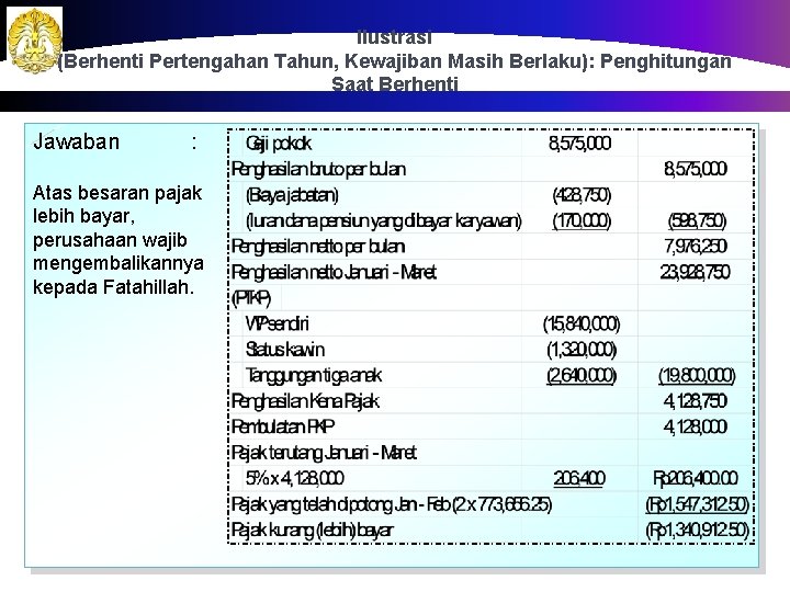 Ilustrasi (Berhenti Pertengahan Tahun, Kewajiban Masih Berlaku): Penghitungan Saat Berhenti Jawaban : Atas besaran