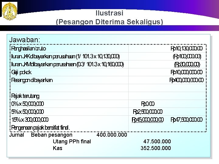 Ilustrasi (Pesangon Diterima Sekaligus) Jawaban: Jurnal Beban pesangon Utang PPh final Kas 400. 000